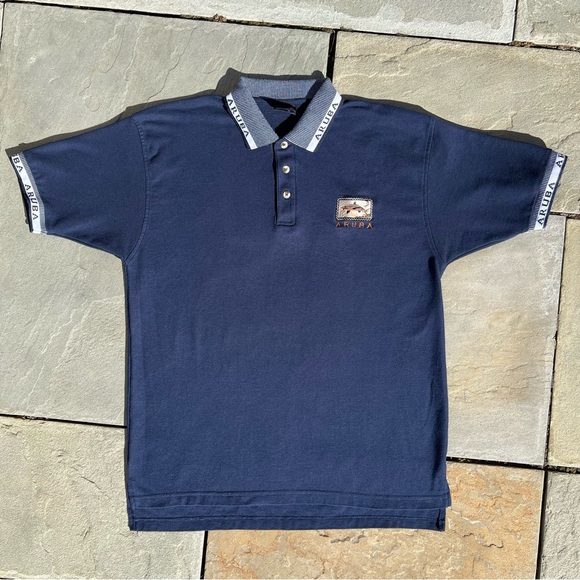 Y2K Aruba Jacquard Collar Shark Emroidered Navy Polo - Picture 1 of 7